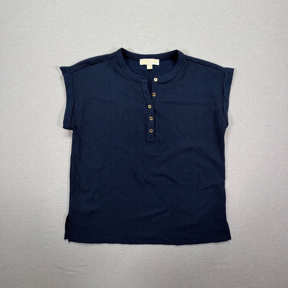 Michael Michael Kors Womens Top Relaxed Navy Blue Textured Henley Gold Button M